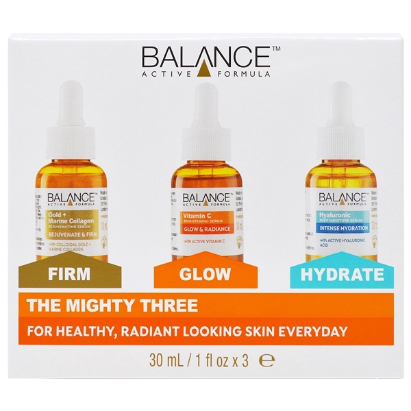 BALANCE-ACTIVE-FORMULA-The-Mighty-Three-3-Serum-Set-1 پک پوستی 3 عددی روشن کننده، آبرسان و جوانساز با لانس